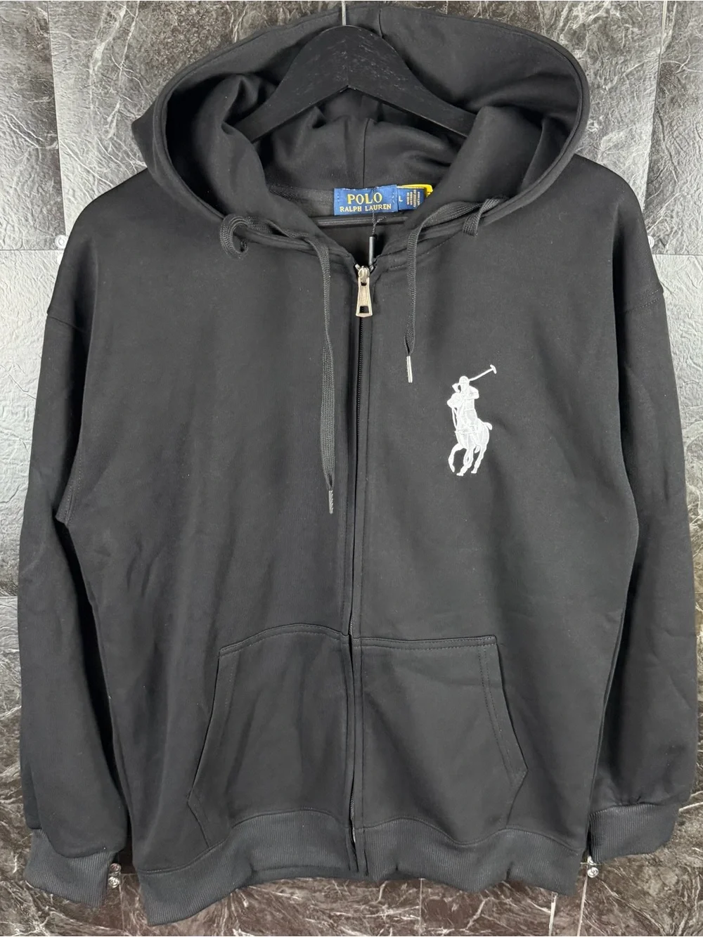 Polo Ralph Lauren Black Knit Big Pony Fleece Zip Hoodie Large